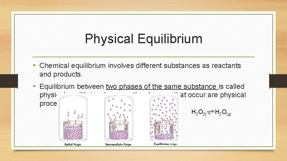 Physical Equilibrium • Chemical equilibrium involves different substances as reactants and products. • Equilibrium