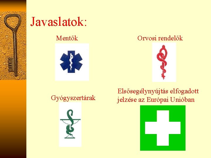 Javaslatok: Mentők Gyógyszertárak Orvosi rendelők Elsősegélynyújtás elfogadott jelzése az Európai Unióban 