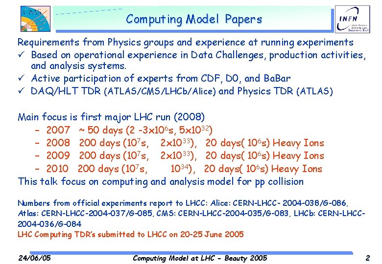 Computing Model Papers Requirements from Physics groups and experience at running experiments ü Based