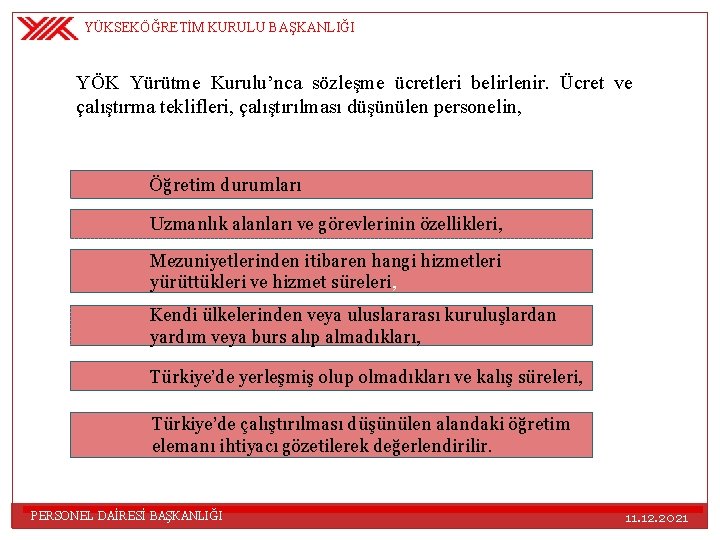 YÜKSEKÖĞRETİM KURULU BAŞKANLIĞI YÖK Yürütme Kurulu’nca sözleşme ücretleri belirlenir. Ücret ve çalıştırma teklifleri, çalıştırılması