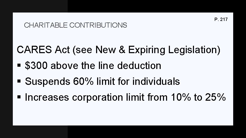 CHARITABLE CONTRIBUTIONS P. 217 CARES Act (see New & Expiring Legislation) § $300 above