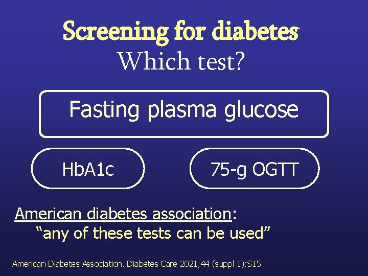Screening for diabetes Which test? Fasting plasma glucose Hb. A 1 c 75 -g