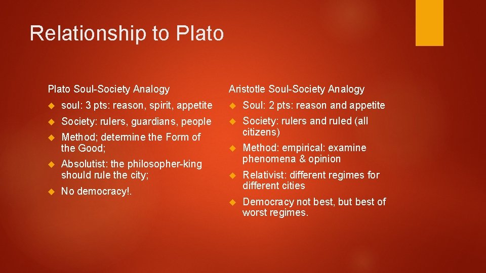 Relationship to Plato Soul-Society Analogy Aristotle Soul-Society Analogy soul: 3 pts: reason, spirit, appetite