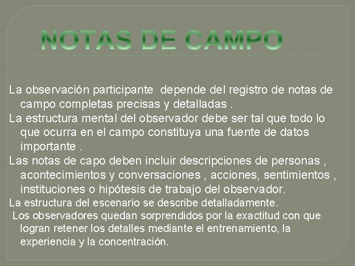 La observación participante depende del registro de notas de campo completas precisas y detalladas.