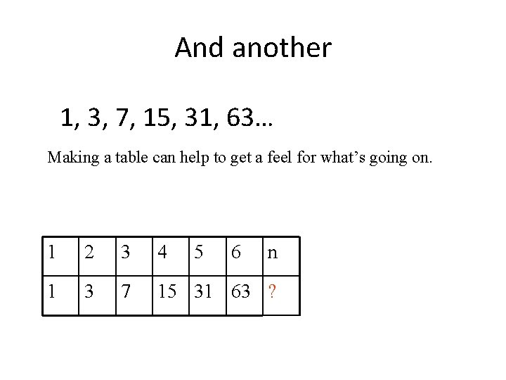 And another 1, 3, 7, 15, 31, 63… Making a table can help to