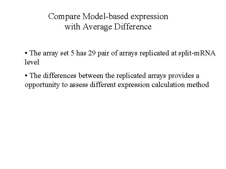 Compare Model-based expression with Average Difference • The array set 5 has 29 pair