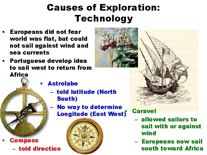 Causes of Exploration: Technology • Europeans did not fear world was flat, but could