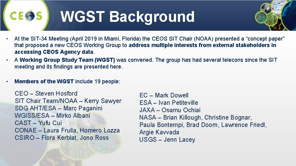 WGST Background • • • At the SIT-34 Meeting (April 2019 in Miami, Florida)