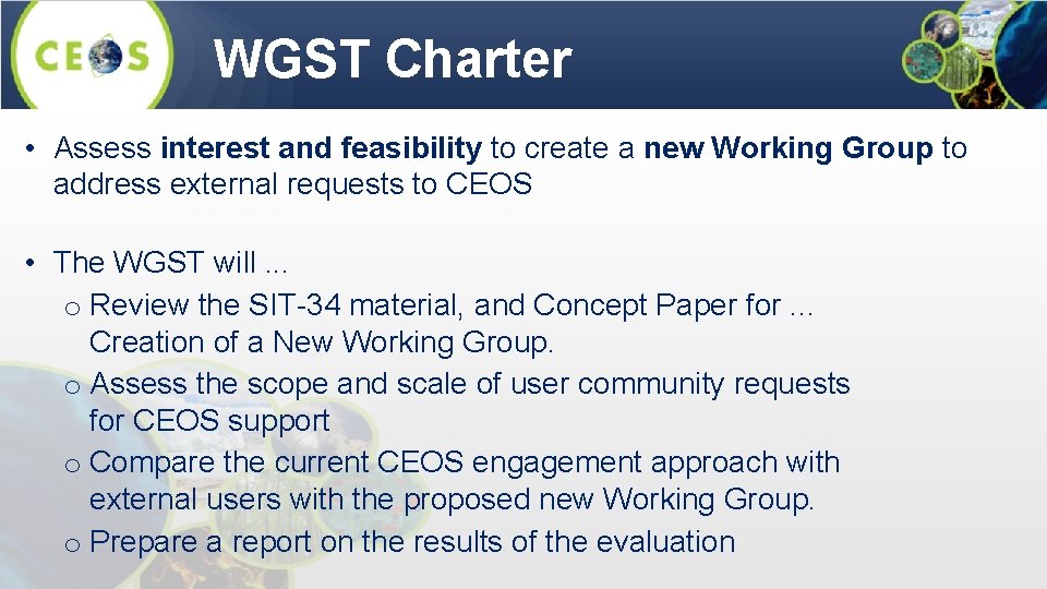 WGST Charter • Assess interest and feasibility to create a new Working Group to