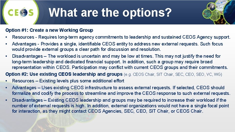 What are the options? Option #1: Create a new Working Group • Resources -