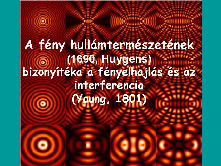 A fény hullámtermészetének (1690, Huygens) bizonyítéka a fényelhajlás és az interferencia (Young, 1801) 