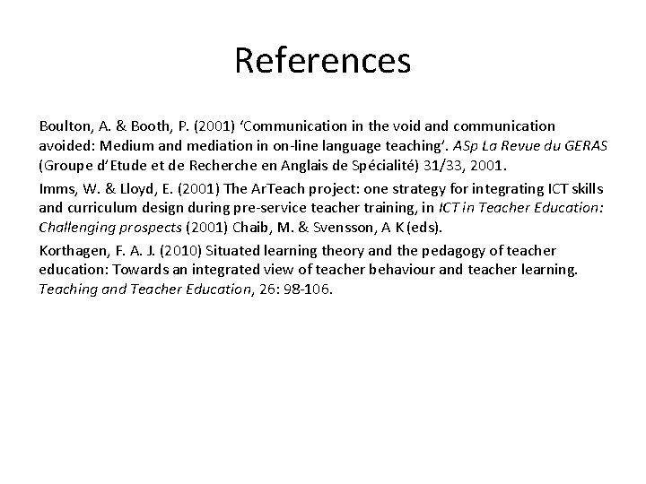 References Boulton, A. & Booth, P. (2001) ‘Communication in the void and communication avoided: