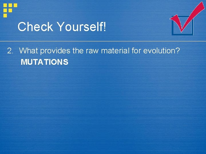 Check Yourself! 2. What provides the raw material for evolution? MUTATIONS 