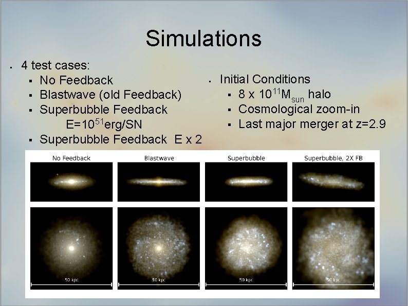 Simulations § 4 test cases: § No Feedback § Blastwave (old Feedback) § Superbubble
