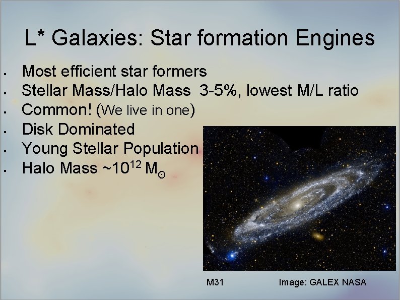 L* Galaxies: Star formation Engines § § § Most efficient star formers Stellar Mass/Halo
