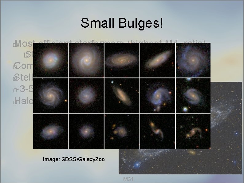 Small Bulges! Most efficient starformers (highest M/L ratio) � � Still inefficient in general,