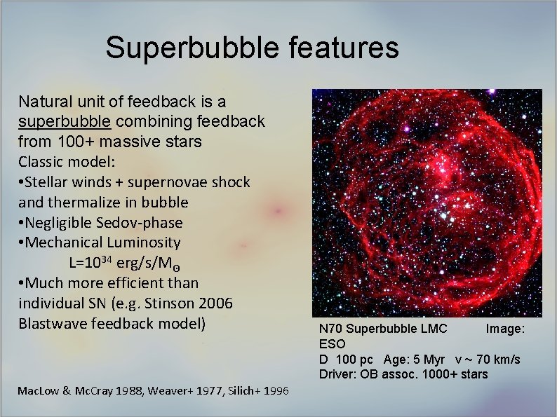 Superbubble features Natural unit of feedback is a superbubble combining feedback from 100+ massive