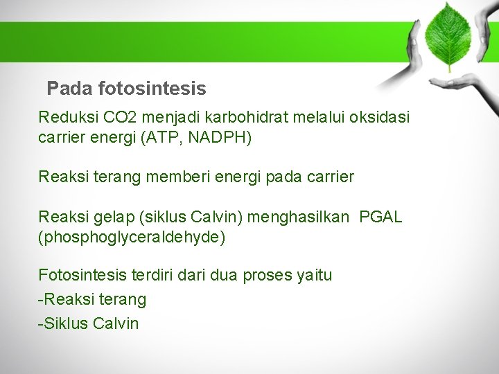 Pada fotosintesis Reduksi CO 2 menjadi karbohidrat melalui oksidasi carrier energi (ATP, NADPH) Reaksi