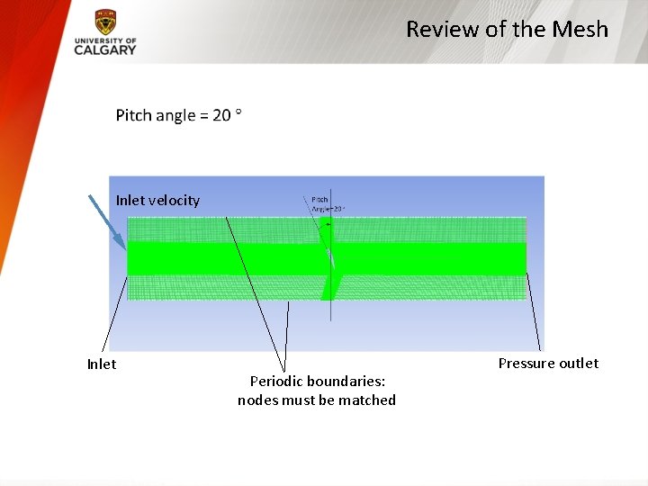 Review of the Mesh Inlet velocity Inlet Periodic boundaries: nodes must be matched Pressure