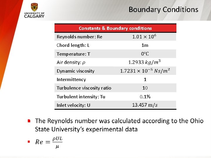 Boundary Conditions Constants & Boundary conditions Reynolds number: Re Chord length: L 1 m