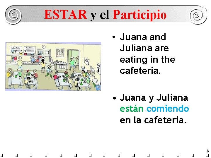 ESTAR y el Participio • Juana and Juliana are eating in the cafeteria. •