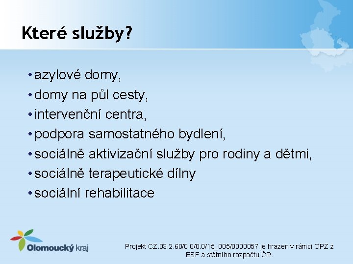 Které služby? • azylové domy, • domy na půl cesty, • intervenční centra, •