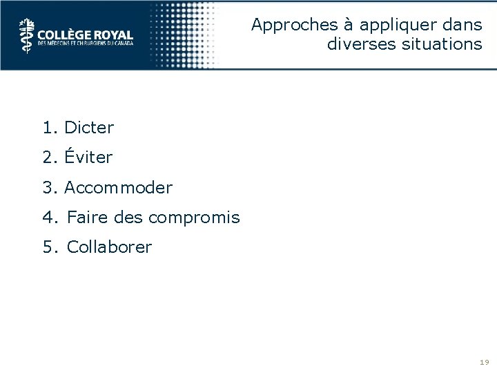 Approches à appliquer dans diverses situations 1. Dicter 2. Éviter 3. Accommoder 4. Faire