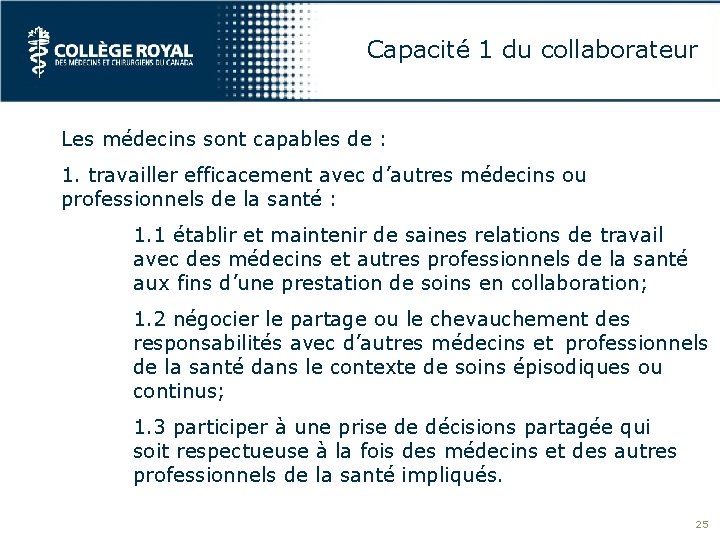 Capacité 1 du collaborateur Les médecins sont capables de : 1. travailler efficacement avec