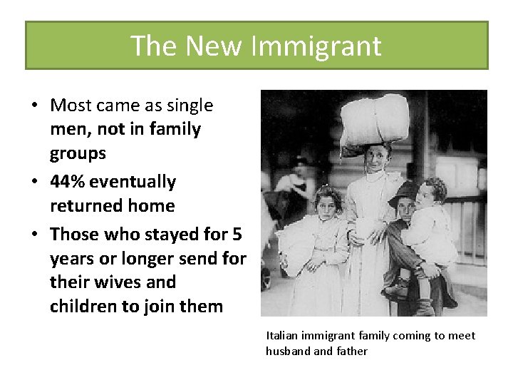 The New Immigrant • Most came as single • I men, not in family