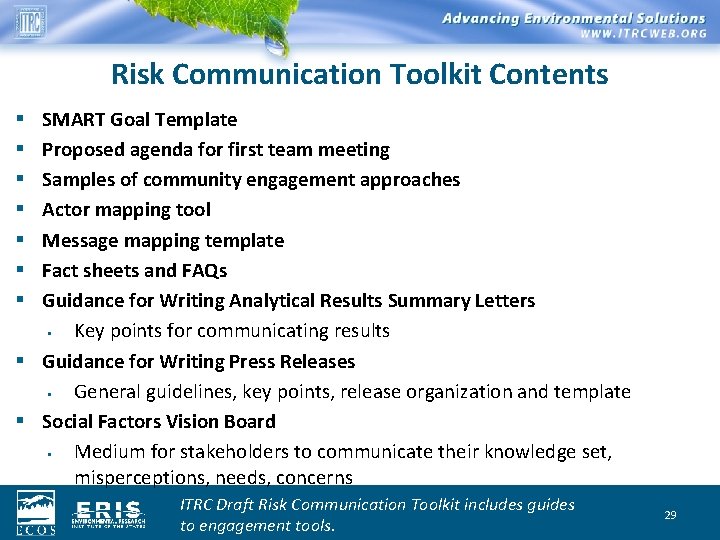 Risk Communication Toolkit Contents SMART Goal Template Proposed agenda for first team meeting Samples