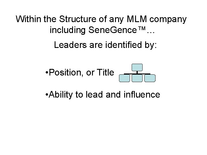 Within the Structure of any MLM company including Sene. Gence™… Leaders are identified by: