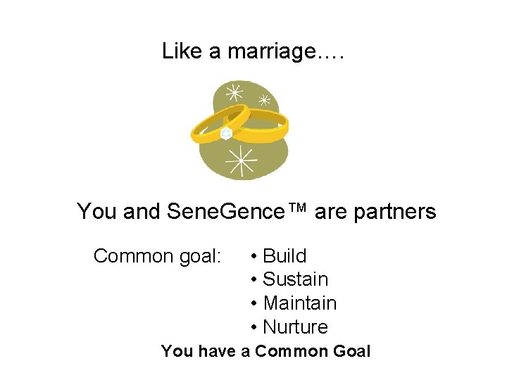 Like a marriage…. You and Sene. Gence™ are partners Common goal: • Build •
