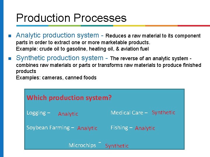 Production Processes Analytic production system - Reduces a raw material to its component parts