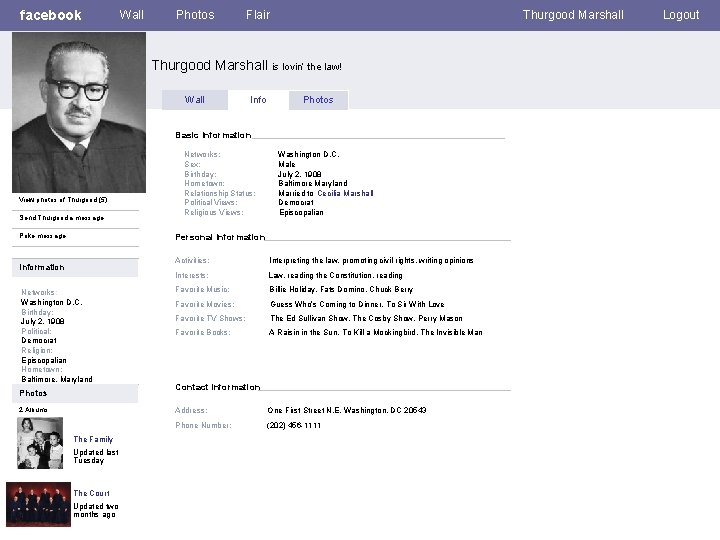 facebook Wall Photos Flair Thurgood Marshall is lovin’ the law! Wall Info Photos Basic