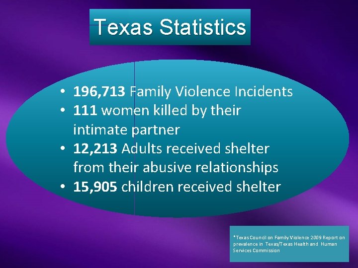 Texas Statistics • 196, 713 Family Violence Incidents • 111 women killed by their