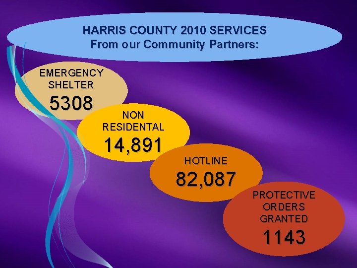 HARRIS COUNTY 2010 SERVICES From our Community Partners: EMERGENCY SHELTER 5308 NON RESIDENTAL 14,