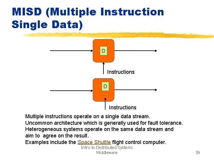 MISD (Multiple Instruction Single Data) D Instructions Multiple instructions operate on a single data