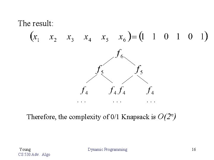 The result: . . Therefore, the complexity of 0/1 Knapsack is O(2 n) Young