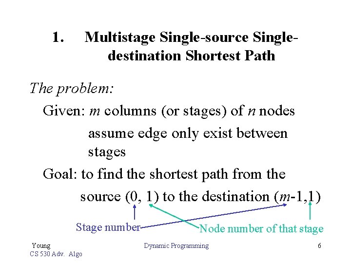 1. Multistage Single-source Singledestination Shortest Path The problem: Given: m columns (or stages) of