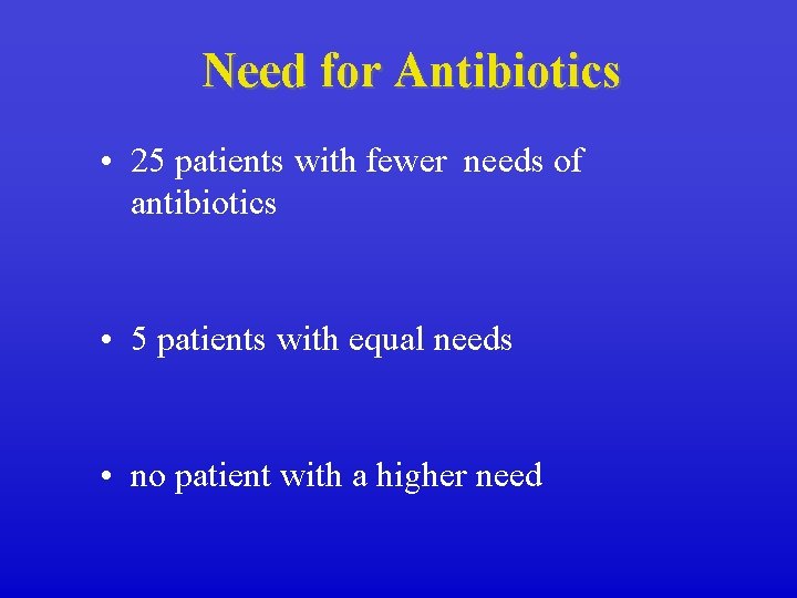 Need for Antibiotics • 25 patients with fewer needs of antibiotics • 5 patients