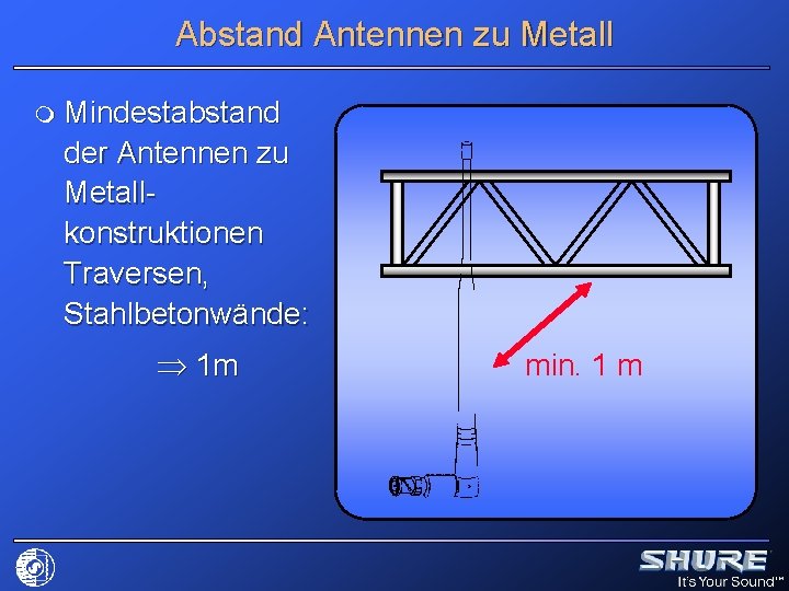 Abstand Antennen zu Metall m Mindestabstand der Antennen zu Metallkonstruktionen Traversen, Stahlbetonwände: 1 m