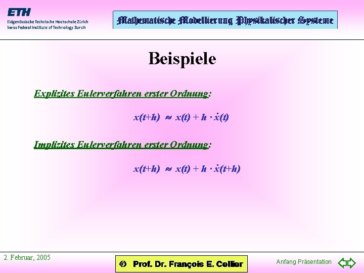 Beispiele Explizites Eulerverfahren erster Ordnung: · x(t+h) x(t) + h · x(t) Implizites Eulerverfahren