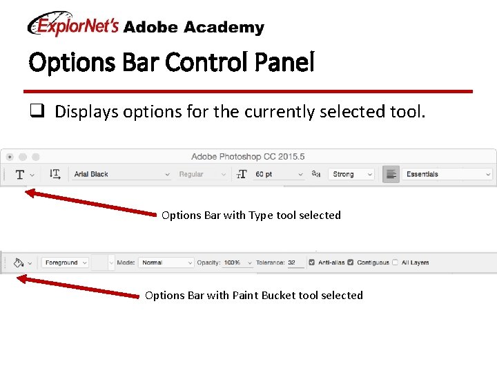 Options Bar Control Panel q Displays options for the currently selected tool. Options Bar Options Bar Control Panel q Displays options for the currently selected tool. Options Bar