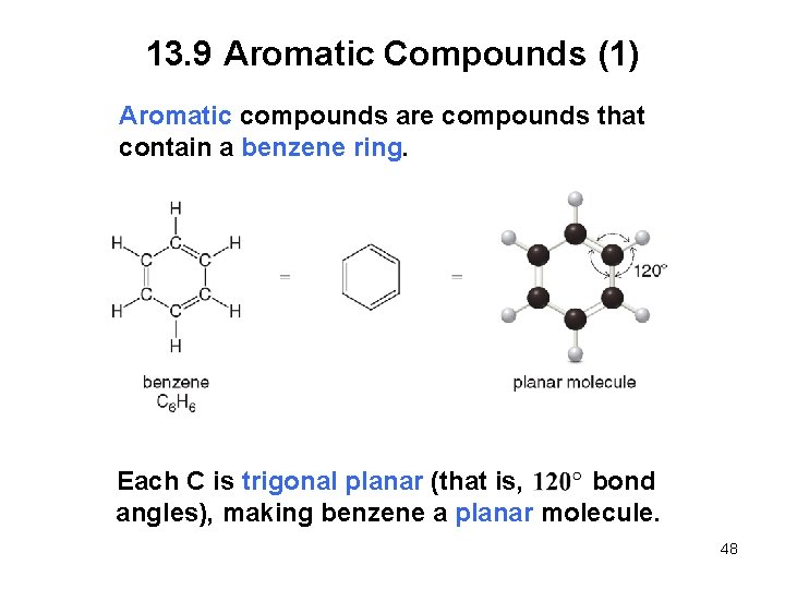 13. 9 Aromatic Compounds (1) Aromatic compounds are compounds that contain a benzene ring.