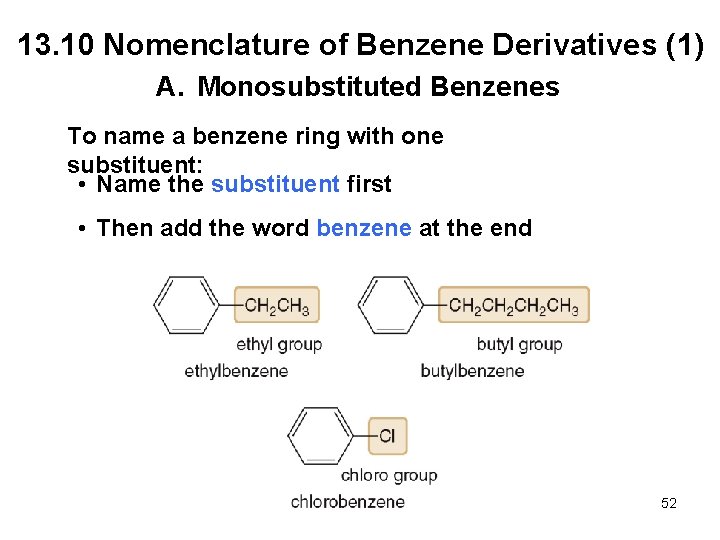 13. 10 Nomenclature of Benzene Derivatives (1) A. Monosubstituted Benzenes To name a benzene