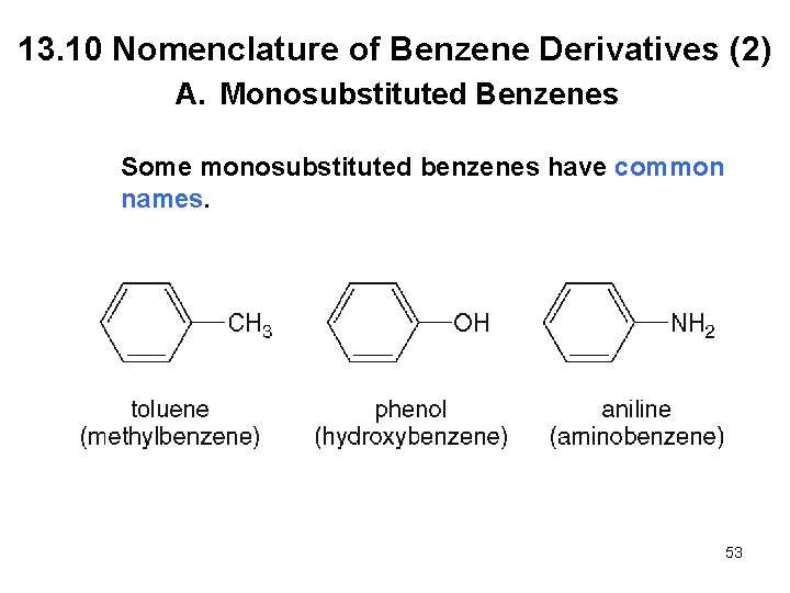 13. 10 Nomenclature of Benzene Derivatives (2) A. Monosubstituted Benzenes Some monosubstituted benzenes have