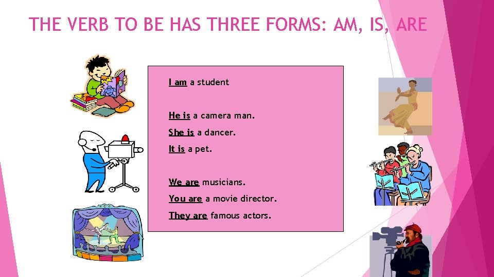 THE VERB TO BE HAS THREE FORMS: AM, IS, ARE I’m. I am a