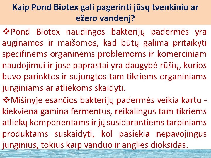 Kaip Pond Biotex gali pagerinti jūsų tvenkinio ar ežero vandenį? v. Pond Biotex naudingos