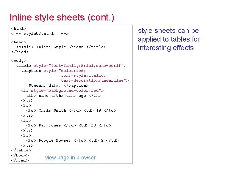 Inline style sheets (cont. ) <html> <!-- style 03. html --> <head> <title> Inline