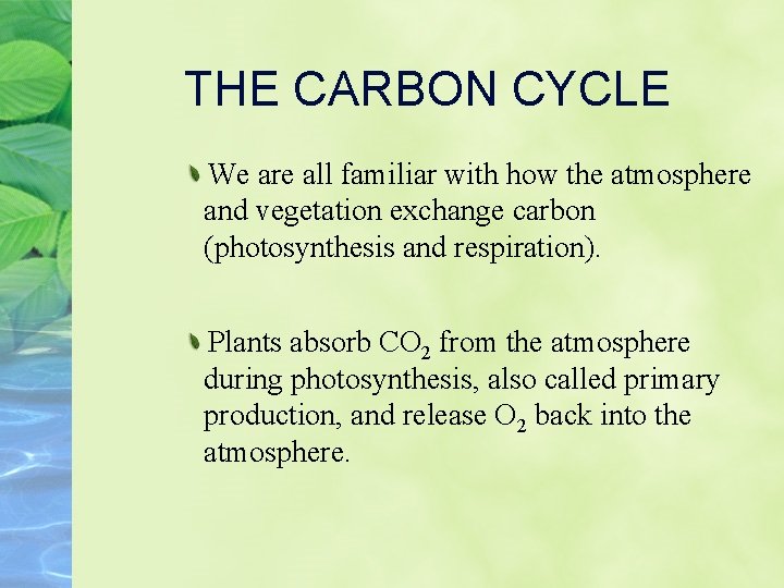 THE CARBON CYCLE We are all familiar with how the atmosphere and vegetation exchange